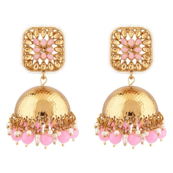 Efulgenz Indian Bridal Traditional Pink Crystal Kundan Dangling Earrings Faux Pearl Beaded Square Big Jhumka Jhumki Wedding Earrings Set for Women