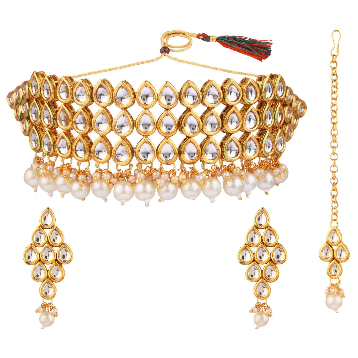 Kundan & Pearls Bridal store Choker Necklace, Earring and Maangtikka Set/Gold tone/pearl/Bollywood style Indian set