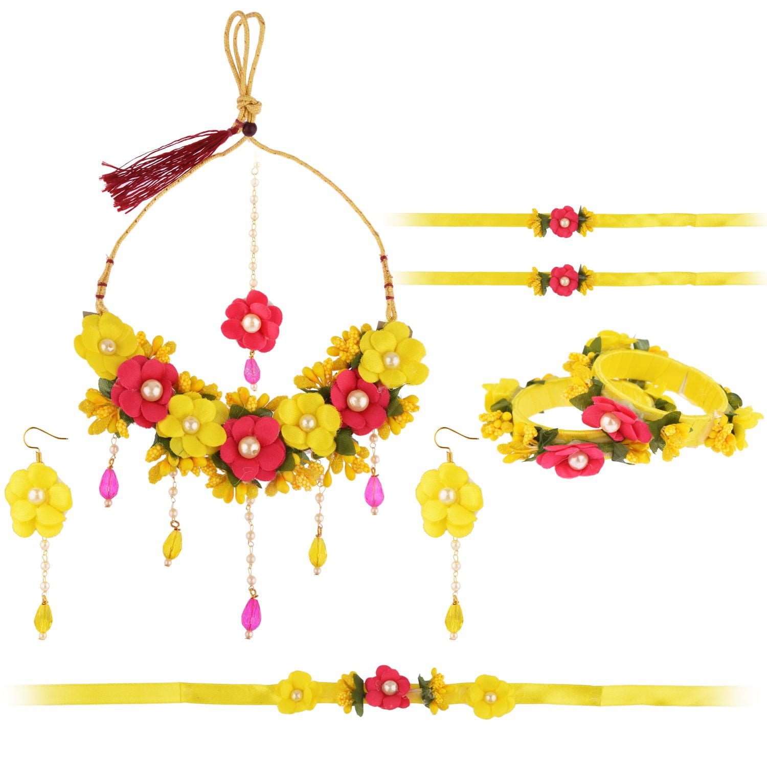 Indian Bridal Jewelry Set For Women - Gota Patti Choker, Earrings, Maang Tikka, Bracelet & Waistbelt - Wedding, Haldi, Mehendi - View #4