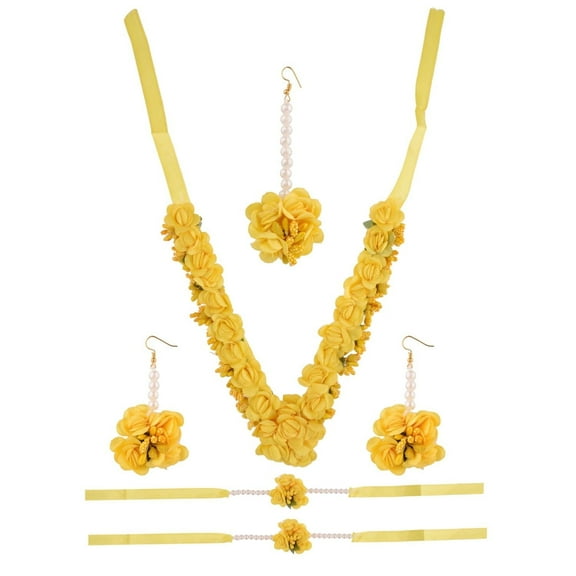 Efulgenz Indian Handmade Flower Jewelry Set for Wedding Haldi Faux Pearl Beaded Strand Necklace with Earrrings Maang Tikka Bracelet Set for Mehandi Wedding