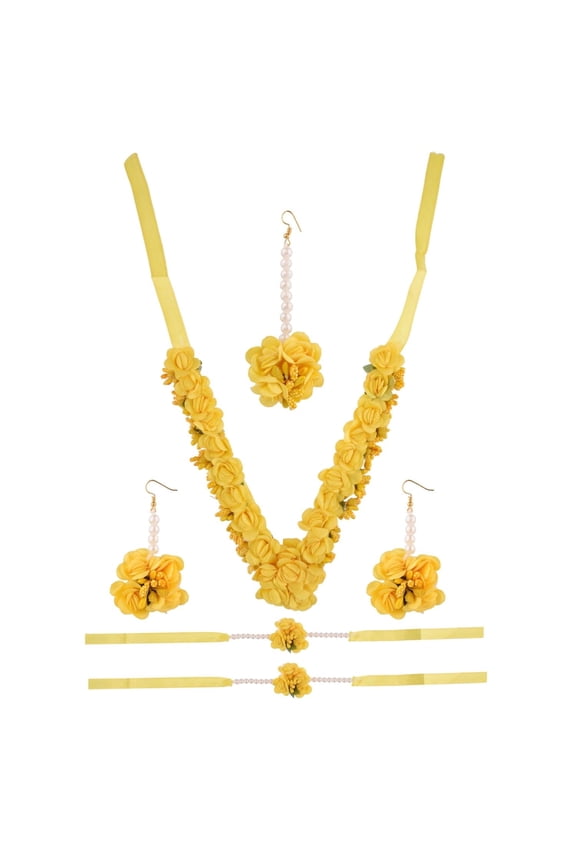 Indian Handmade Flower Jewelry Set for Wedding Haldi Faux Pearl Beaded Strand Necklace with Earrrings Maang Tikka Bracelet Set for Mehandi Wedding