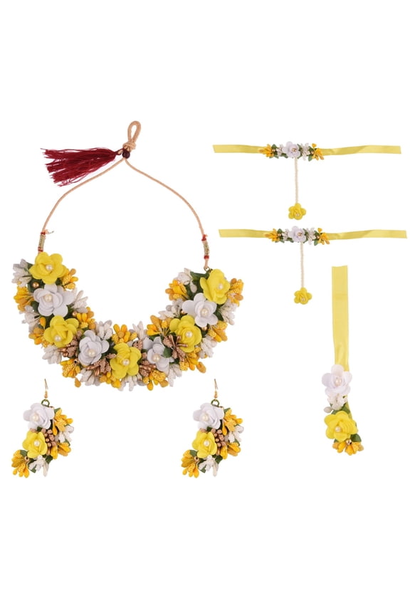 Indian Handmade Jewelry Flower Jewelry Set Faux Pearl Beaded Multilayered Choker Necklace Earrings and Maangtikka Jewelry for set for women