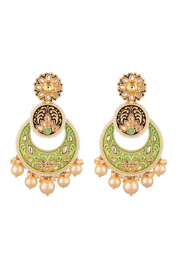 Indian Jewelry Antique Crystal Kundan Chandbali Big Dangle Engraved Earrings Set for Women - Green