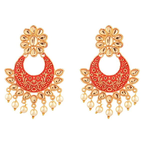 Efulgenz Indian Jewelry Antique Faux Pearl Beads Chandbali Dangle Bollywood Earrings Set for Women, Red