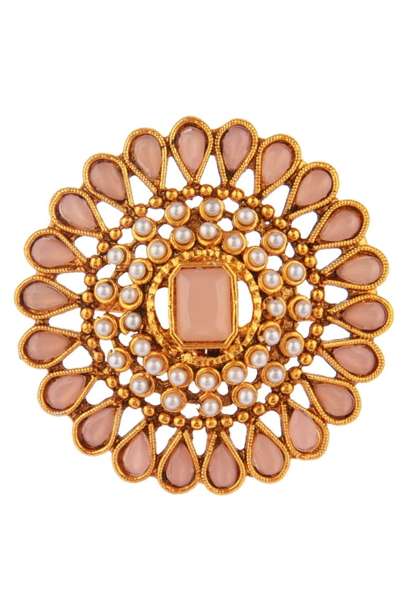 Indian Jewelry Antique Round Faux Pearl Beads Crystal Kundan Bollywood Adjustable Big Finger Ring for Women, Pink