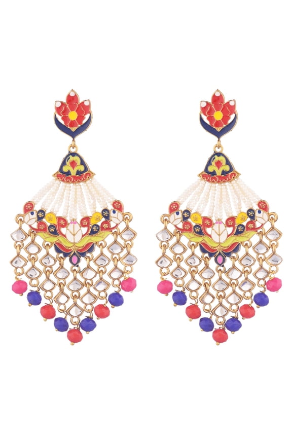 Indian Jewelry Antique Traditional Kundan Faux Pearl Beads Wedding Dangle Earrings Set for Women