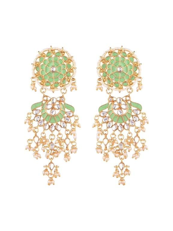 Indian Jewelry Bollywood Antique Beaded Crystal Kundan Floral Big Dangle Chandelier Earrings Set, Green