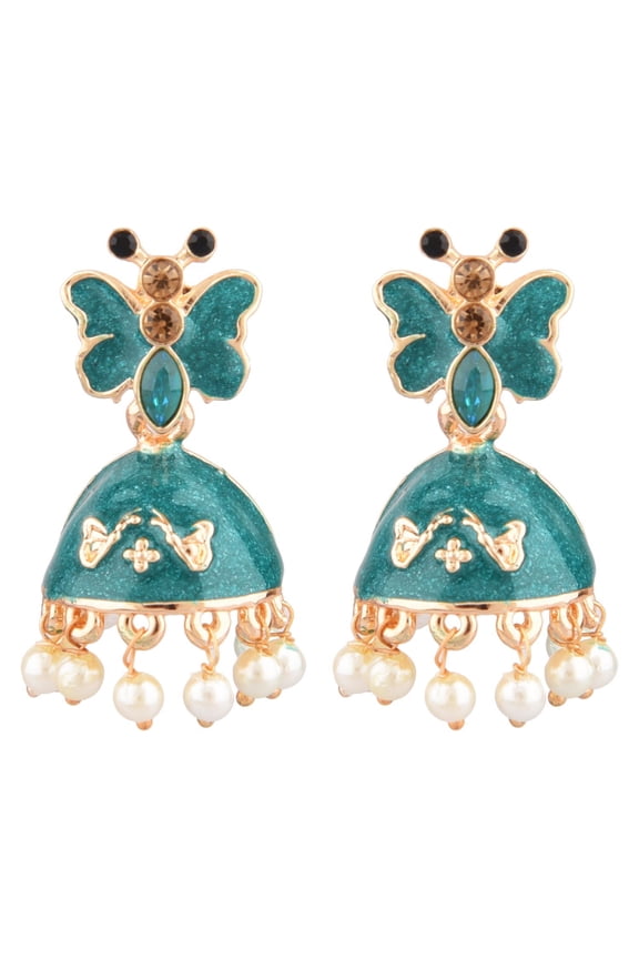 Indian Jewelry Bollywood Antique Crystal Faux Pearl Beads Drop Buterfly Jhumka Jhumki Dangle Earrings Set