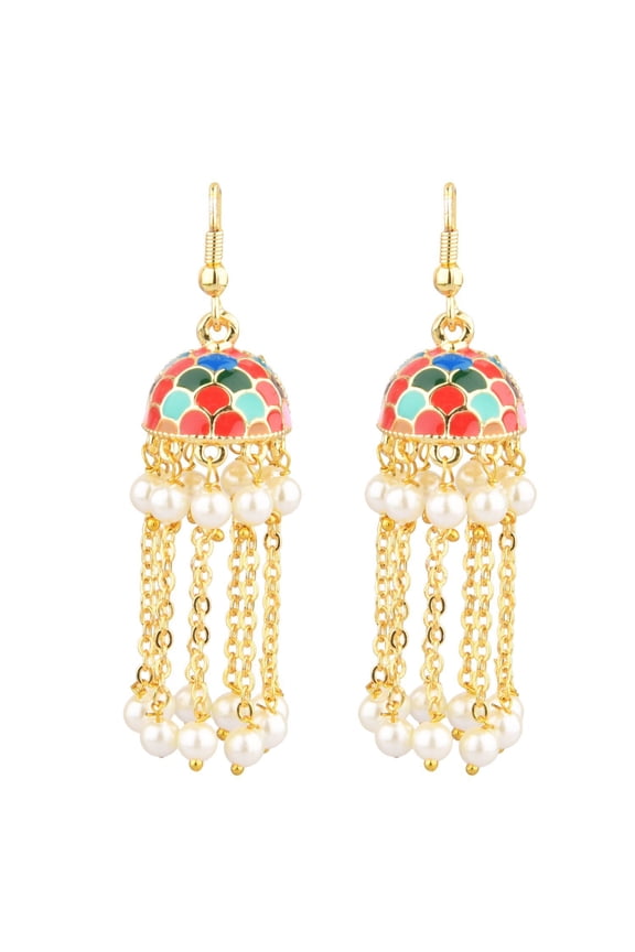 Indian Jewelry Bollywood Antique Faux Pearl Drop Floral Long Chain Tassel Jhumka Jhumki Hook Dangle Earrings Set