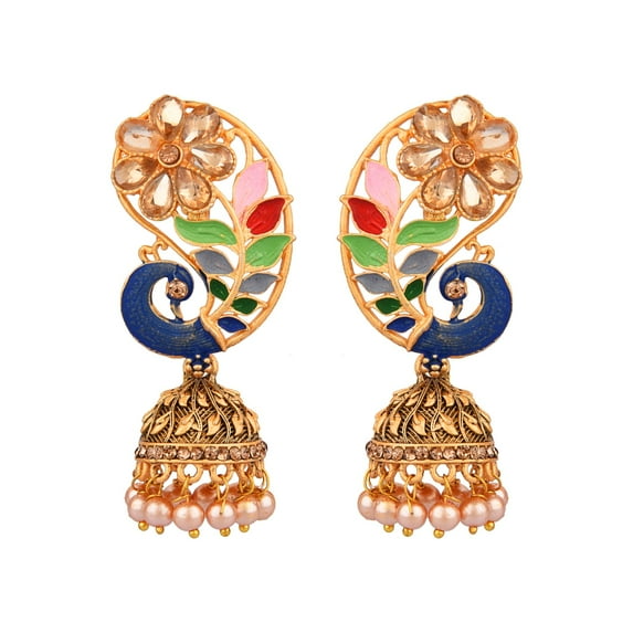 Efulgenz Indian Jewelry Bollywood Antique Gold Tone Faux Pearl Crystal Kundan Peacock Dangle Jhumka Earrings Set