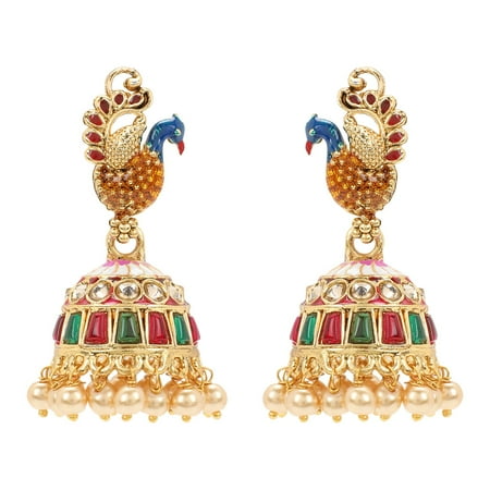 Efulgenz Indian Jewelry Bollywood Antique Peacock Crystal Kundan Jhumki Jhumka Earrings for Women