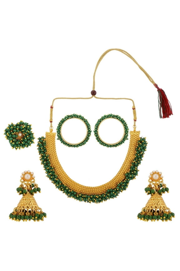 Indian Jewelry Bollywood Beaded Faux Pearls Necklace Earrings Bangle Ring Jewelry Set for Women