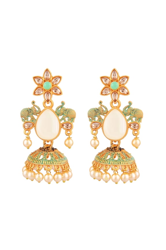 Indian Jewelry Bollywood Crystal Kundan Faux Pearl Floral Elephant Antique Jhumka Jhumki Earrings Set for Women - Green