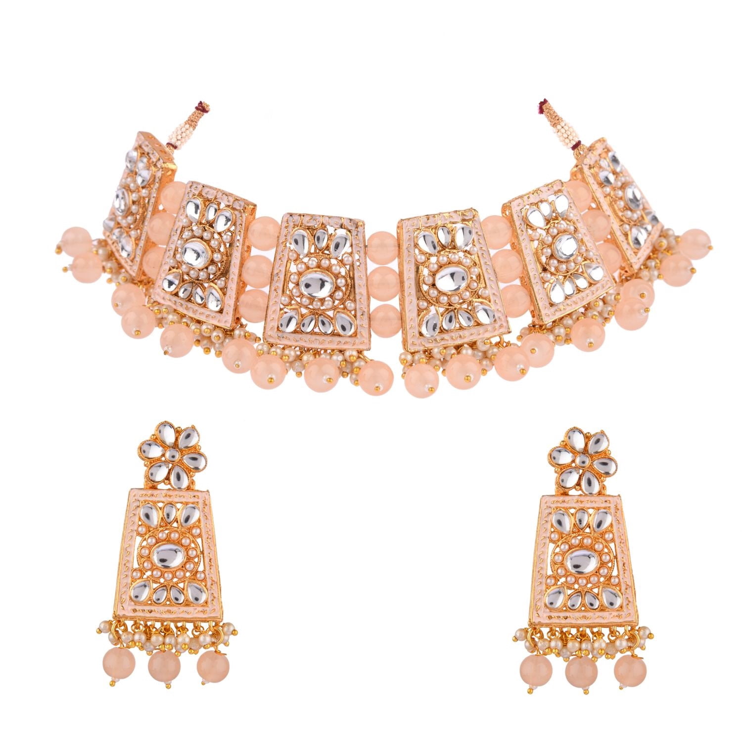 Elegant Kundan Necklace with Earring and Tikka Set Item#1095  Rose‑Gold Kundan Necklace Set –Modern Indian Jewellery| Necklace and Earring Set main image 2