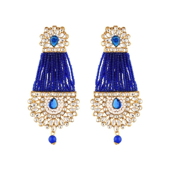 Efulgenz Indian Jewelry Bollywood Faux Stone Kundan Pearl Tassels Dangle Earrings Set for Women, Blue