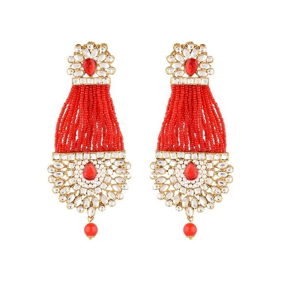 Efulgenz Indian Jewelry Bollywood Faux Stone Kundan Pearl Tassels Dangle Earrings Set for Women, Red