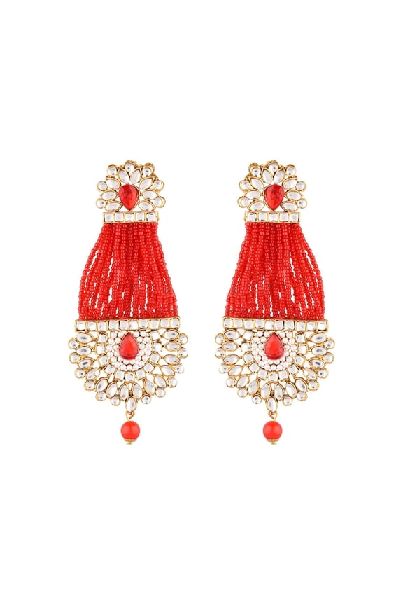 Indian Jewelry Bollywood Faux Stone Kundan Pearl Tassels Dangle Earrings Set for Women, Red