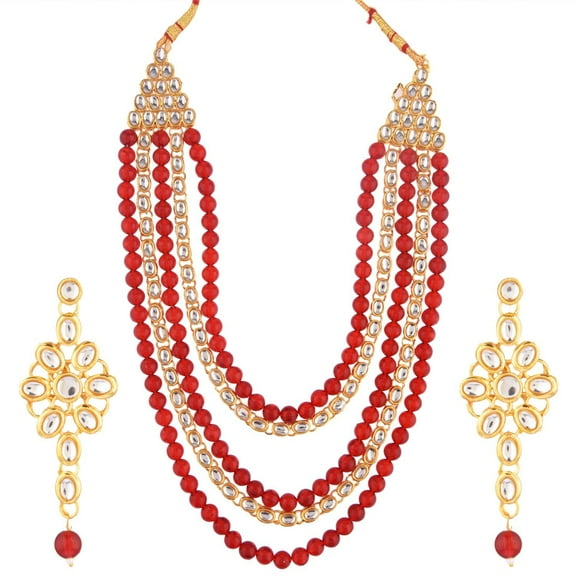 Efulgenz Indian Jewelry Bridal Set Kundan Crystal Faux Pearl Multi Layered Strand Beaded Necklace Dangle Earrings Bollywood Jewelry Set, Maroon