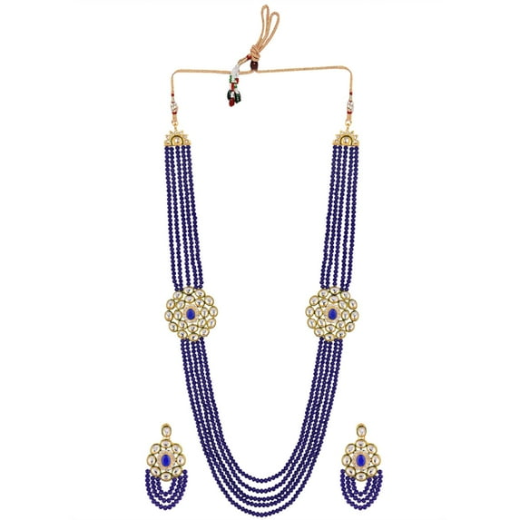 Efulgenz Indian Jewelry Bridal Set Kundan Crystal Faux Pearl Multi Layered Strand Beaded Pendant Necklace Dangle Earrings Bollywood Jewelry Set, Blue