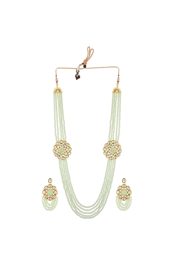 Indian Jewelry Bridal Set Kundan Crystal Faux Pearl Multi Layered Strand Beaded Pendant Necklace Dangle Earrings Bollywood Jewelry Set, Mint Color