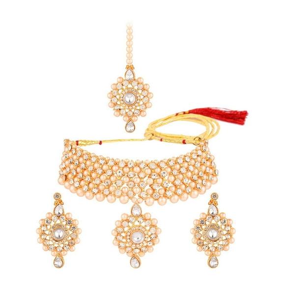 Efulgenz Indian Jewelry Choker Crystal Floral Faux Pearl Floral Necklace Earrings Maang Tikka Bollywood Wedding Bridal Jewelry Set for Women, White