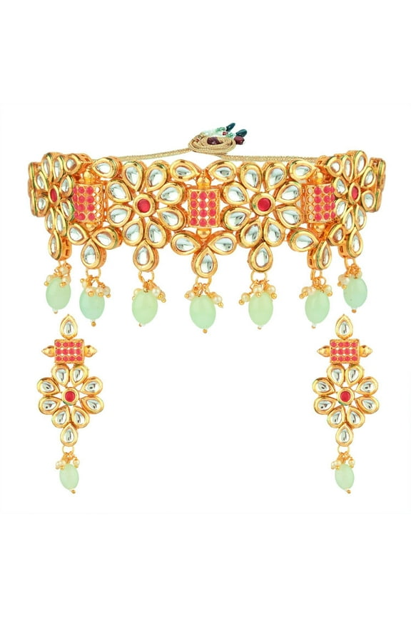 Indian Jewelry Choker Kundan Crystal Choker Necklace Dangle Earrings Bridal Jewelry Set for Women, Mint Color