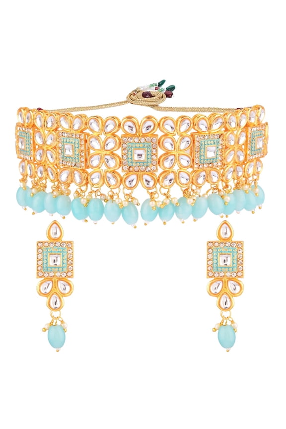 Indian Jewelry Choker Kundan Crystal Faux Pearl Choker Necklace Dangle Earrings Bridal Jewelry Set for Women, Turquoise