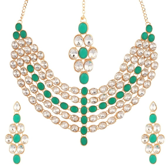 Efulgenz Indian Jewelry Choker Kundan Crystal Multi Layered Necklace Earrings Maang Tikka Head Chain Bollywood Wedding Bridal Set