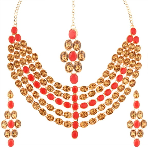 Efulgenz Indian Jewelry Choker Kundan Crystal Multi Layered Necklace Earrings Maang Tikka Head Chain Bollywood Wedding Bridal Set