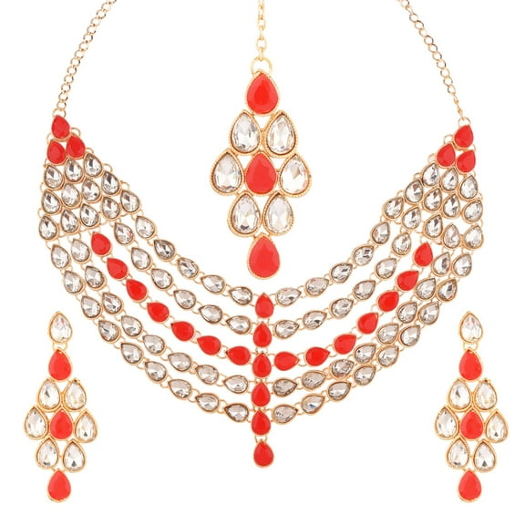 Efulgenz Indian Jewelry Choker Kundan Crystal Multi Layered Necklace Earrings Maang Tikka Head Chain Bollywood Wedding Bridal Set