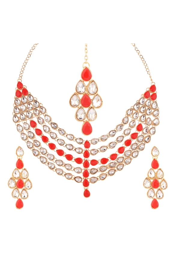 Indian Jewelry Choker Kundan Crystal Multi Layered Necklace Earrings Maang Tikka Head Chain Bollywood Wedding Bridal Set