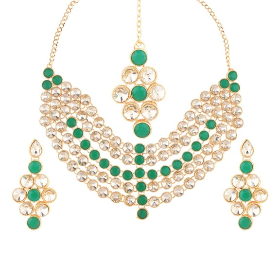 Efulgenz Indian Jewelry Choker Kundan Crystal Multi Layered Necklace Earrings Maang Tikka Head Chain Bollywood Wedding Bridal Set