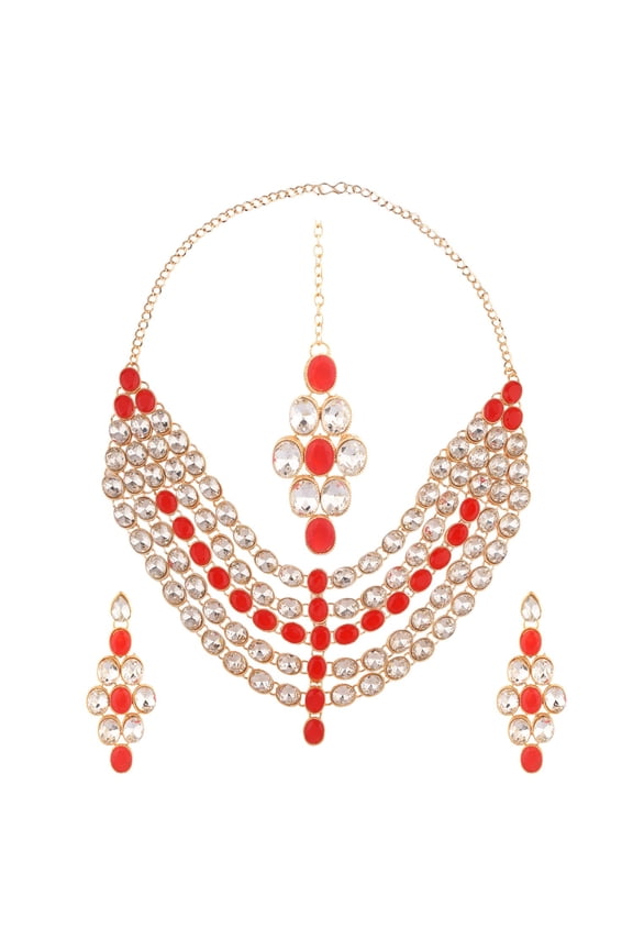 Indian Jewelry Choker Kundan Crystal Multi Layered Necklace Earrings Maang Tikka Head Chain Bollywood Wedding Bridal Set