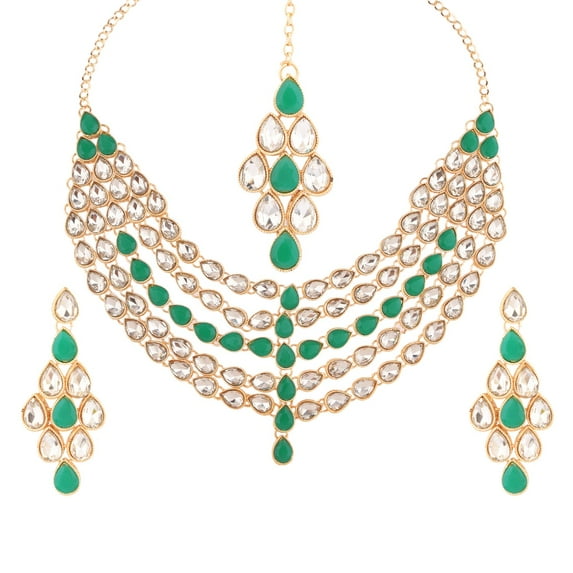 Efulgenz Indian Jewelry Choker Kundan Crystal Multi Layered Necklace Earrings Maang Tikka Head Chain Bollywood Wedding Bridal Set
