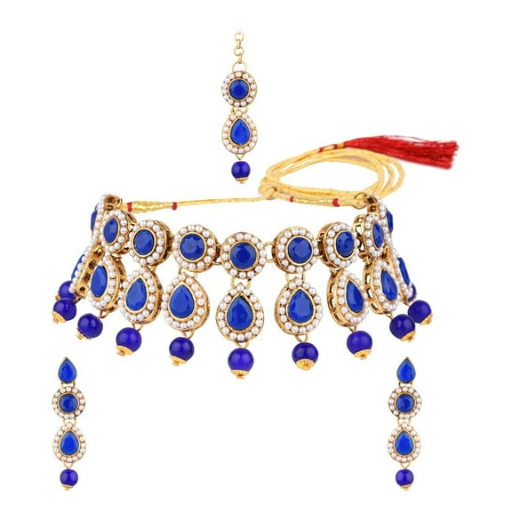 Efulgenz Indian Jewelry Choker Kundan Crystal Necklace Earrings Maang Tikka Head Chain Bollywood Wedding Bridal Set, Blue, Perfect Valentines Day Gifts for Her
