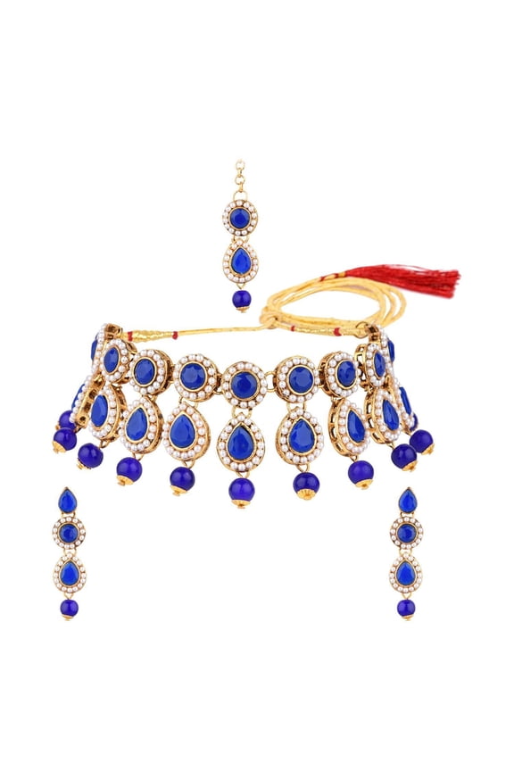 Indian Jewelry Choker Kundan Crystal Necklace Earrings Maang Tikka Head Chain Bollywood Wedding Bridal Set, Blue, Perfect Valentines Day Gifts for Her