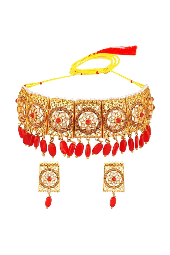 Indian Jewelry Choker Necklace Earrings Bollywood Wedding Crystal Kundan Necklace Earrings Set for Women , Red