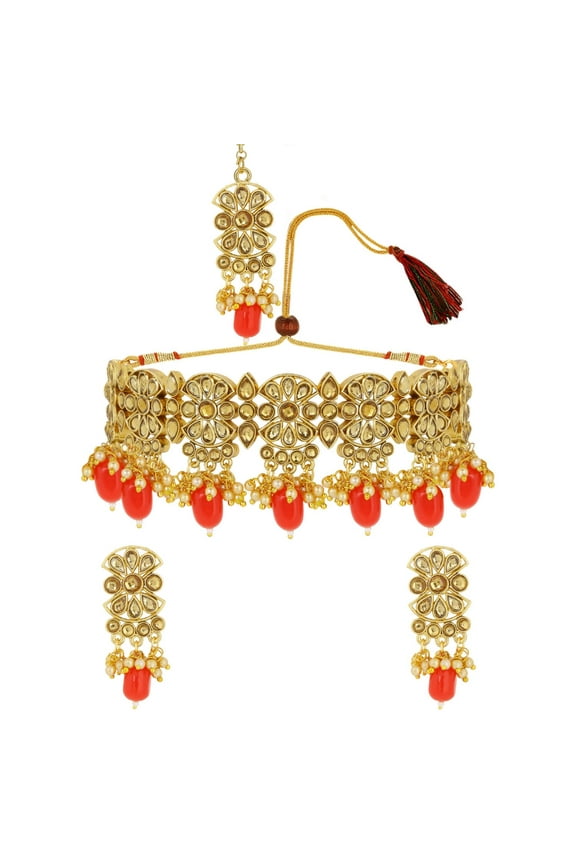 Indian Jewelry Choker Necklace Maang Tikka Earrings Bollywood Wedding Crystal Kundan Necklace Earrings Head Chain Set