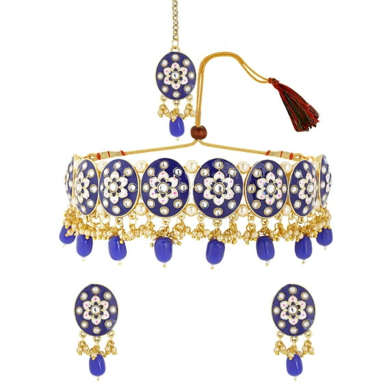 Efulgenz Indian Jewelry Choker Necklace Maang Tikka Earrings Bollywood Wedding Crystal Kundan Necklace Earrings Head Chain Set
