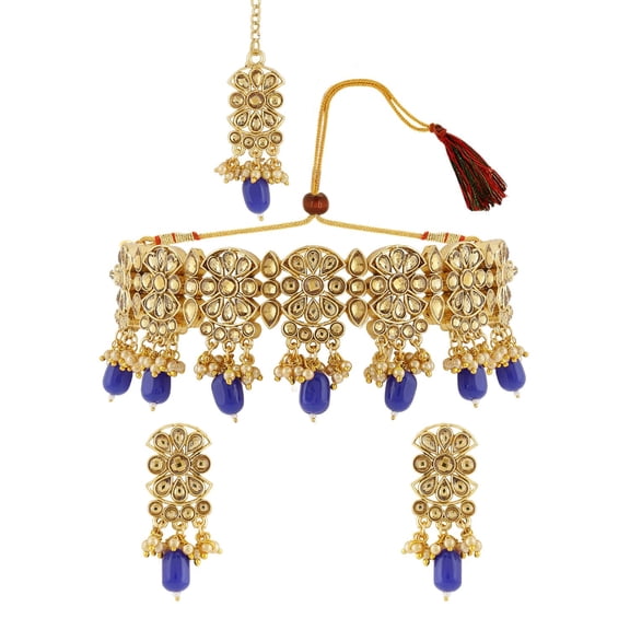 Efulgenz Indian Jewelry Choker Necklace Maang Tikka Earrings Bollywood Wedding Crystal Kundan Necklace Earrings Head Chain Set