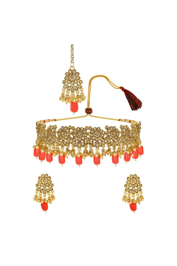 Indian Jewelry Choker Necklace Maang Tikka Earrings Bollywood Wedding Crystal Kundan Necklace Earrings Head Chain Set