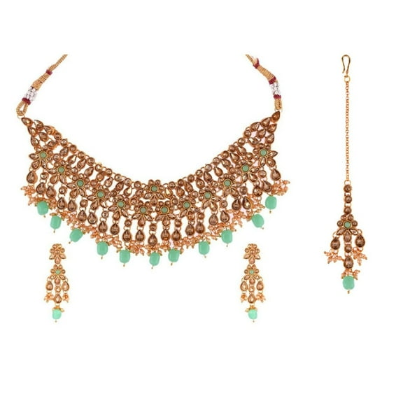 Efulgenz Indian Jewelry Choker Necklace Maang Tikka Earrings Bollywood Wedding Crystal Kundan Necklace Earrings Head Chain Set
