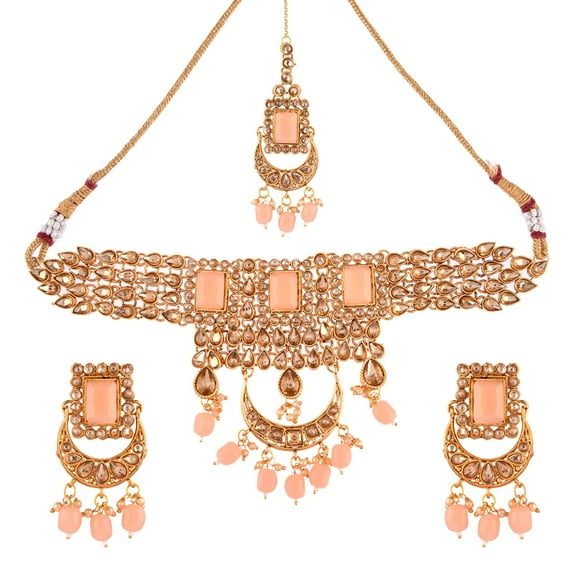 Efulgenz Indian Jewelry Choker Necklace Maang Tikka Earrings Bollywood Wedding Crystal Kundan Necklace Earrings Head Chain Set