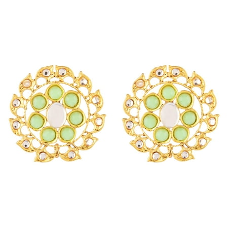 Efulgenz Indian Jewelry Crystal Kundan Stone Big Round Stud Earrings Set for Women, Green