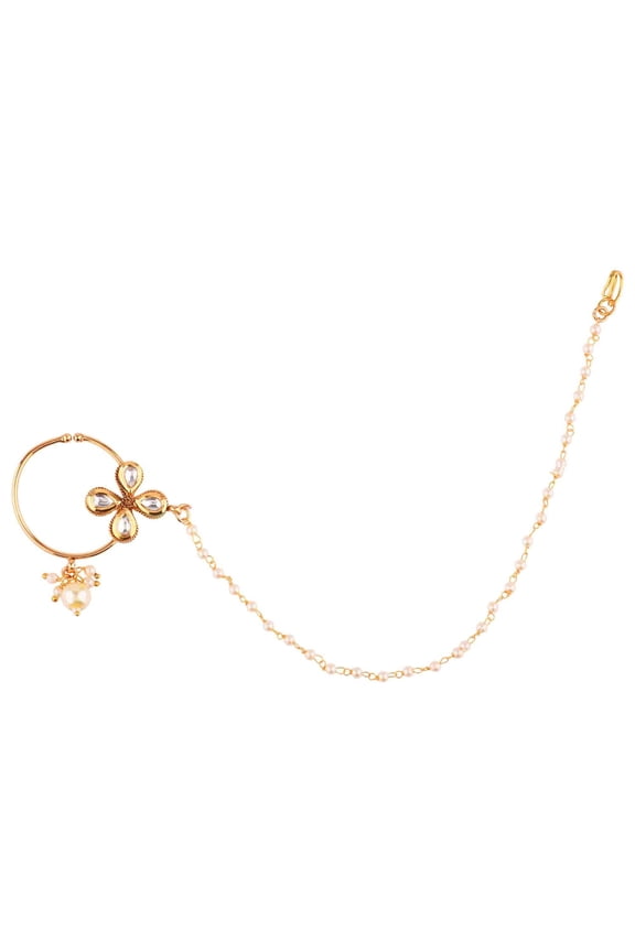 Indian Jewelry Kundan Crystal Nose Ring Hoop Pin Stud Fake Septum Ring with Faux Pearl Chain Nose to Ear Chain Non Piercing Body Jewelry, White