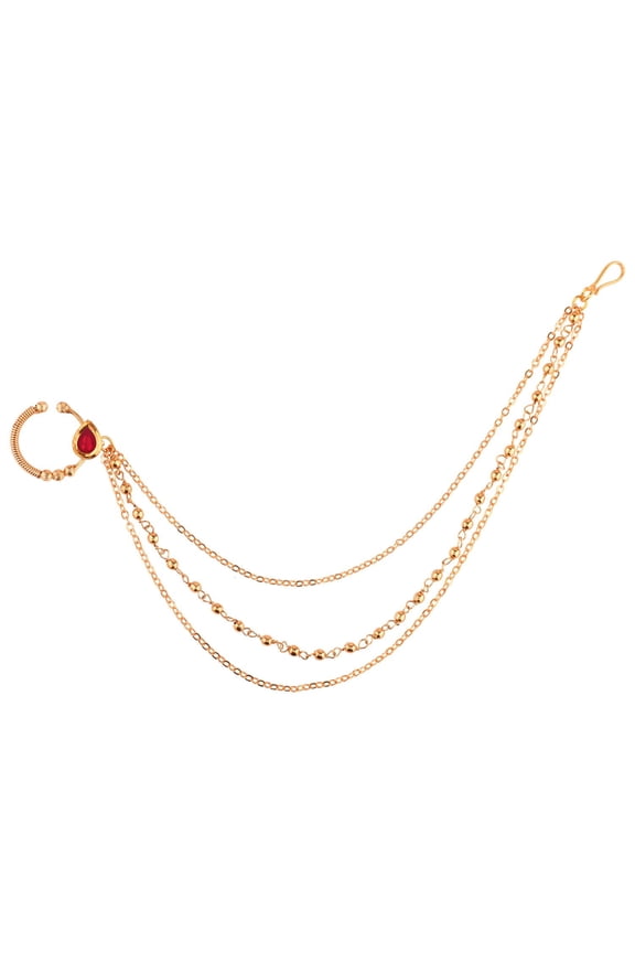 Indian Jewelry Kundan Crystal Nose Ring Hoop Pin Stud Fake Septum Ring with Chain Nose to Ear Chain Non Piercing Body Jewelry, Red