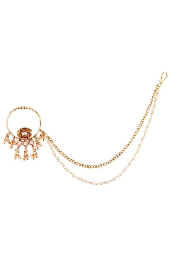 Indian Jewelry Kundan Crystal Nose Ring Hoop Pin Stud Fake Septum Ring with Chain Nose to Ear Chain Non Piercing Body Jewelry, White