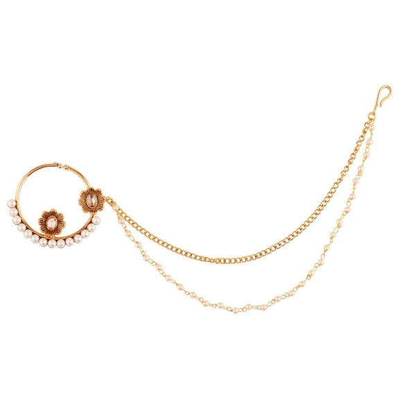 Efulgenz Indian Jewelry Kundan Crystal Nose Ring Hoop Pin Stud Fake Septum Ring with Chain Nose to Ear Chain Non Piercing Body Jewelry, White