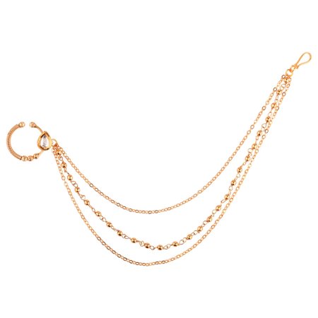 Efulgenz Indian Jewelry Kundan Crystal Nose Ring Hoop Pin Stud Fake Septum Ring with Chain Nose to Ear Chain Non Piercing Body Jewelry, White