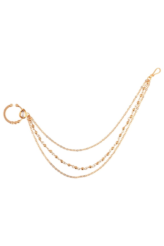 Indian Jewelry Kundan Crystal Nose Ring Hoop Pin Stud Fake Septum Ring with Chain Nose to Ear Chain Non Piercing Body Jewelry, White